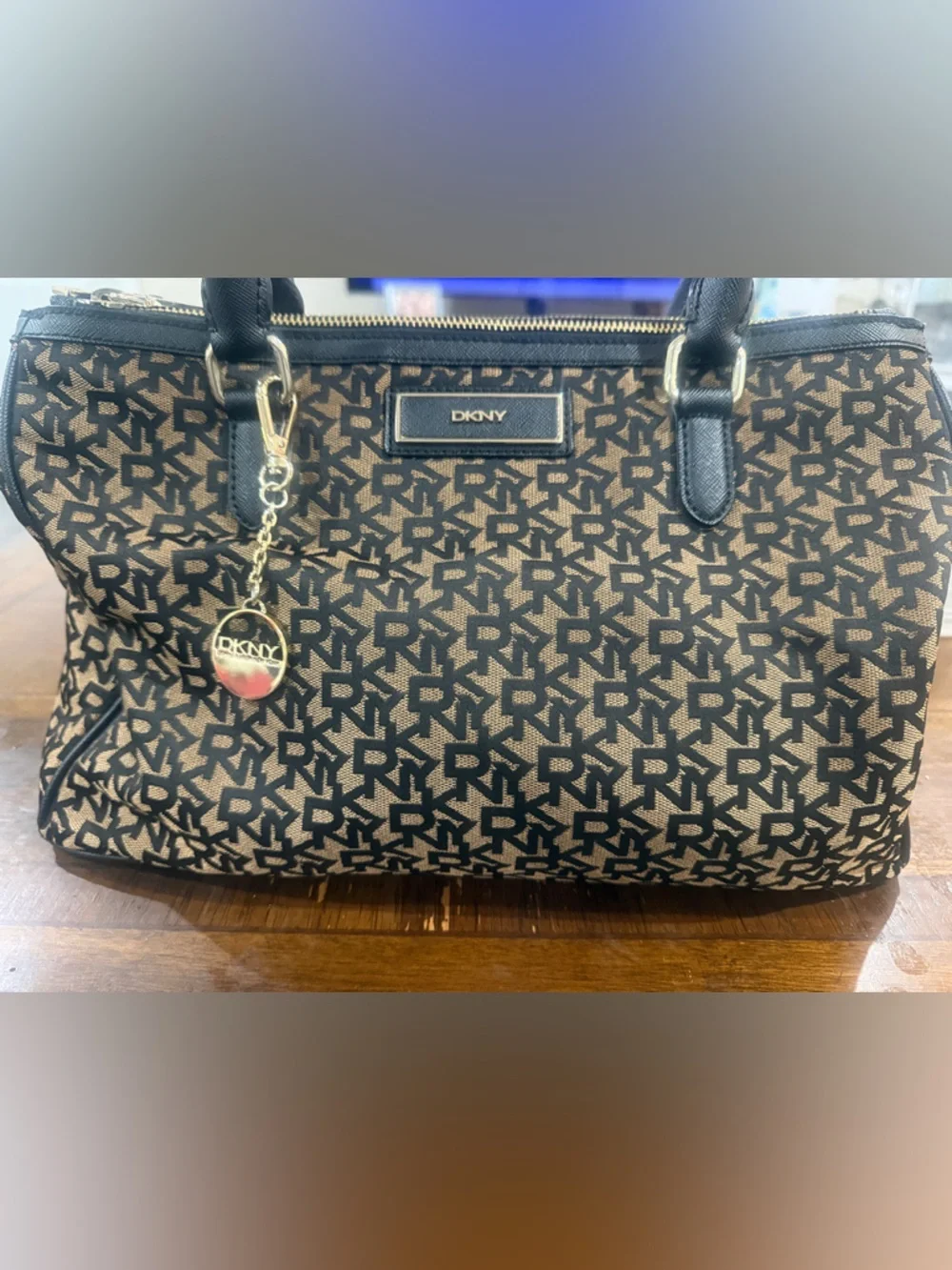 DKNY Black and Brown Monogram Tote with Gold Charm